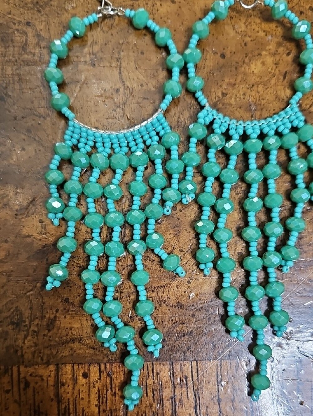 Turquoise Beaded Fringe Hoop Earrings - Women Jewelry - Picture 3 of 7